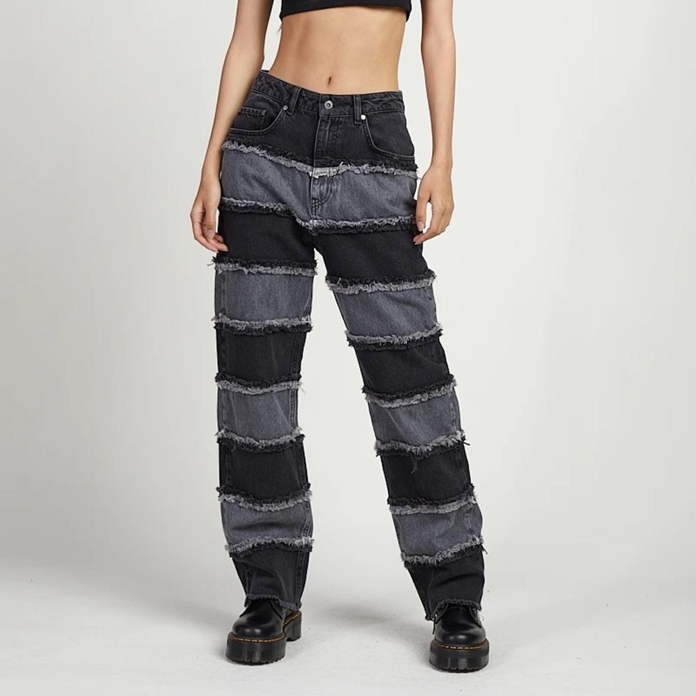 The Ragged Priest Relaxed fit jeans grey fringe patchwork two toned‎ rigid 24